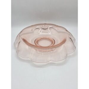 Vintage Pink Depression Glass Scalloped Serving Bowl 12" Floral Rim Center Ring